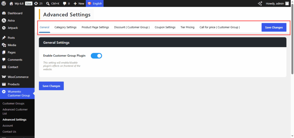 Admin settings of Customer groups for WooCommerce