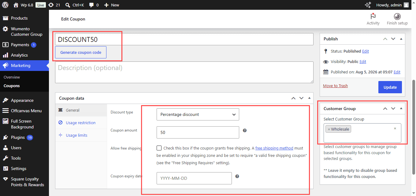 Coupon restrictions settings