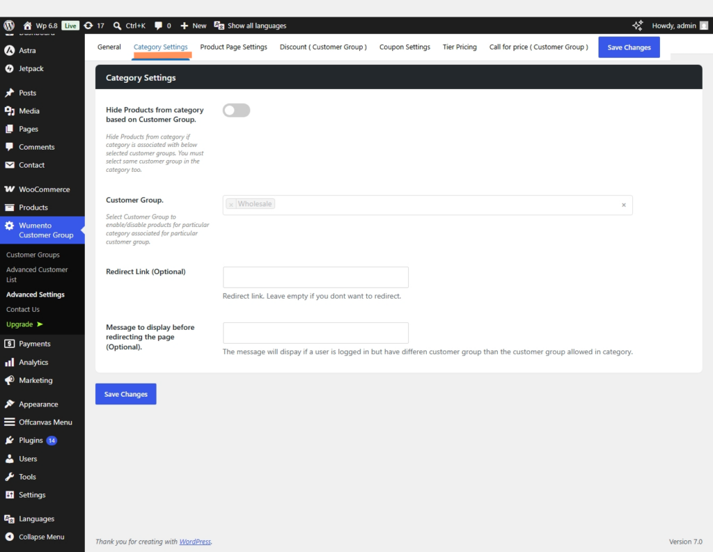Group based category settings