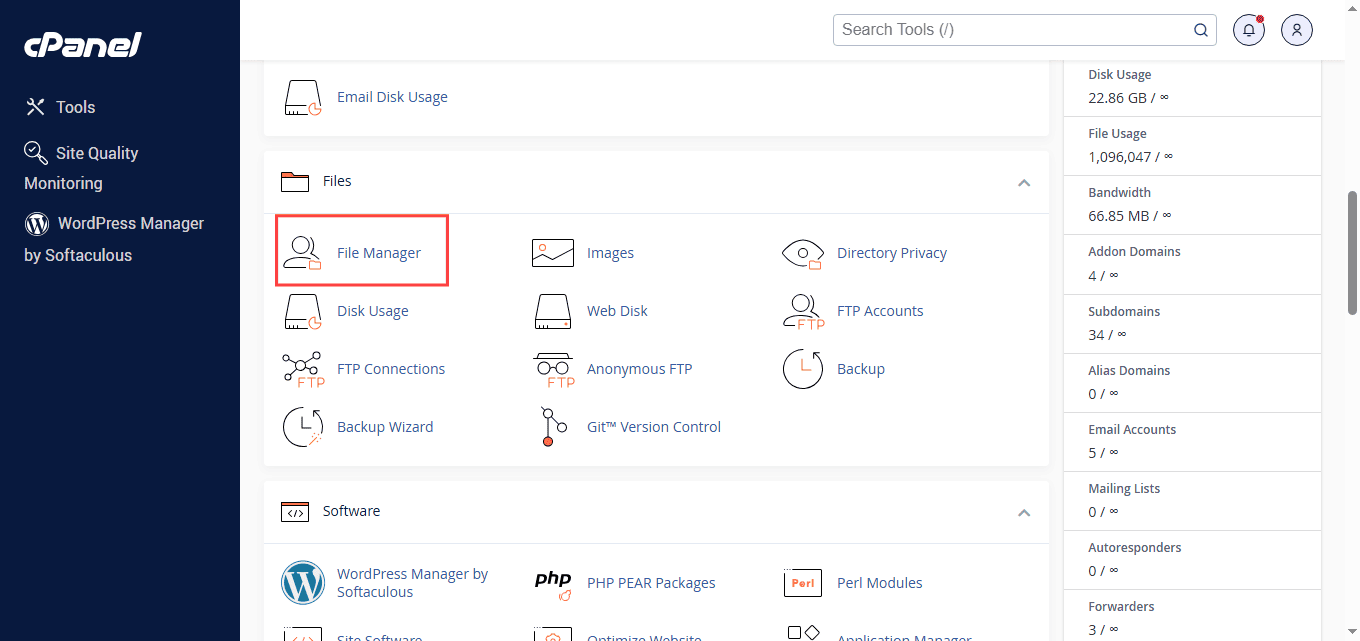 File manager area of cpanel