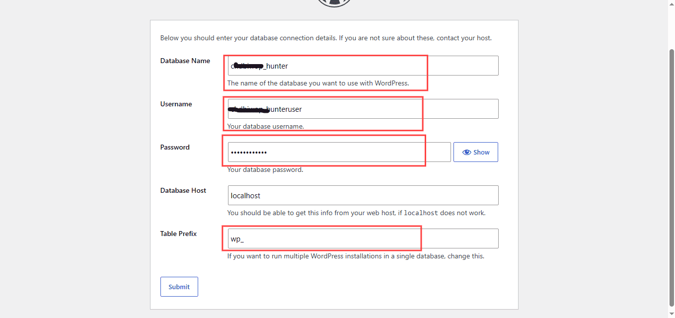 Wordpress installation initiation