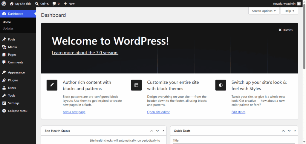 Wordpress dashboard