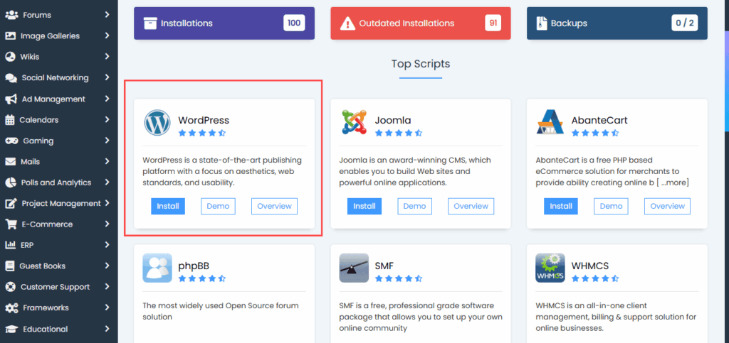 Wordpress button to install wordpress