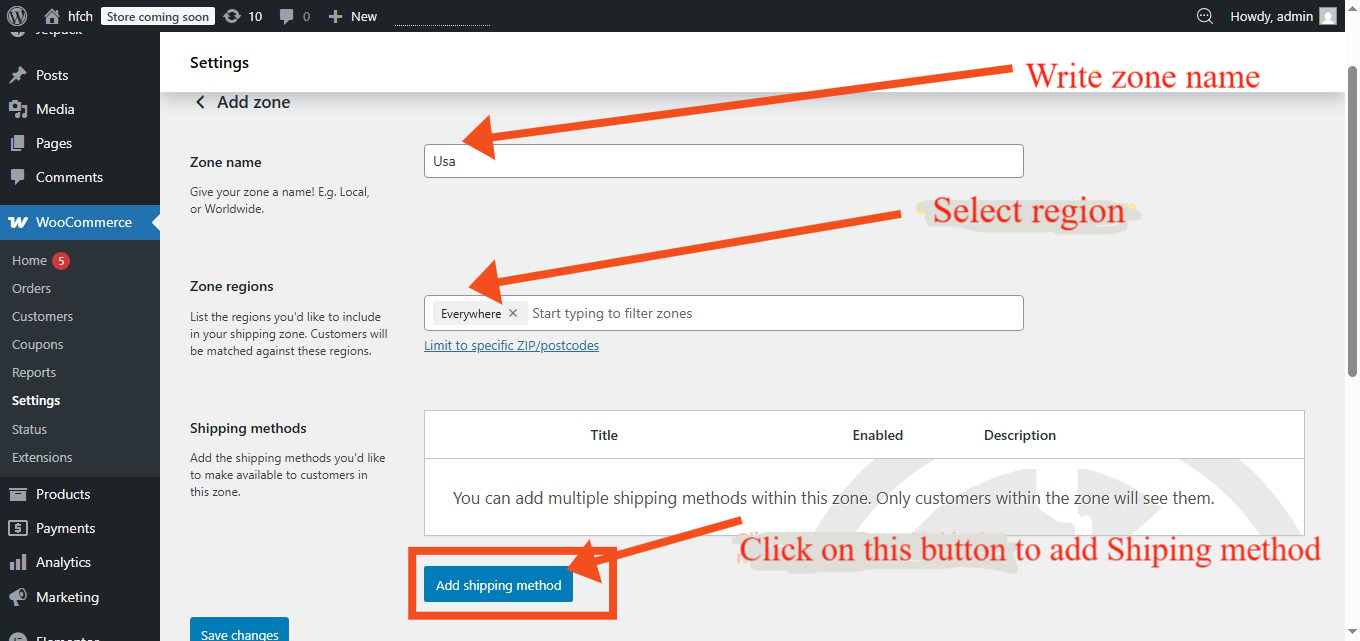 Add new zone in WooCommerce shipping