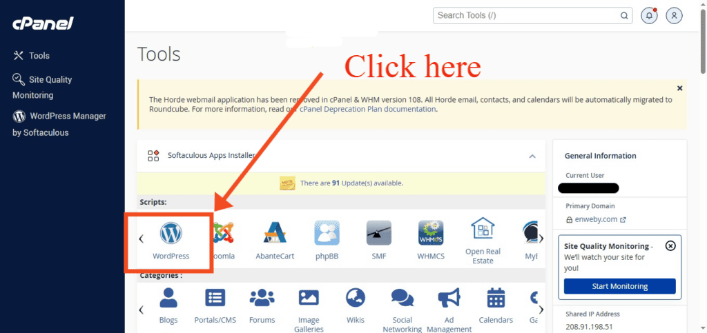 Cpanel WordPress Installation button