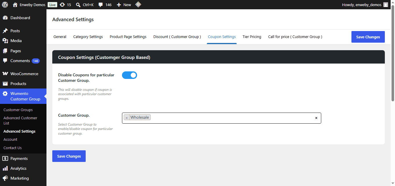 Coupon restrictions settings