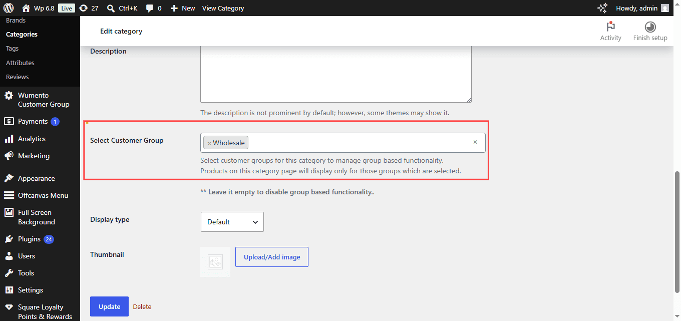 Edit category settings to hide products