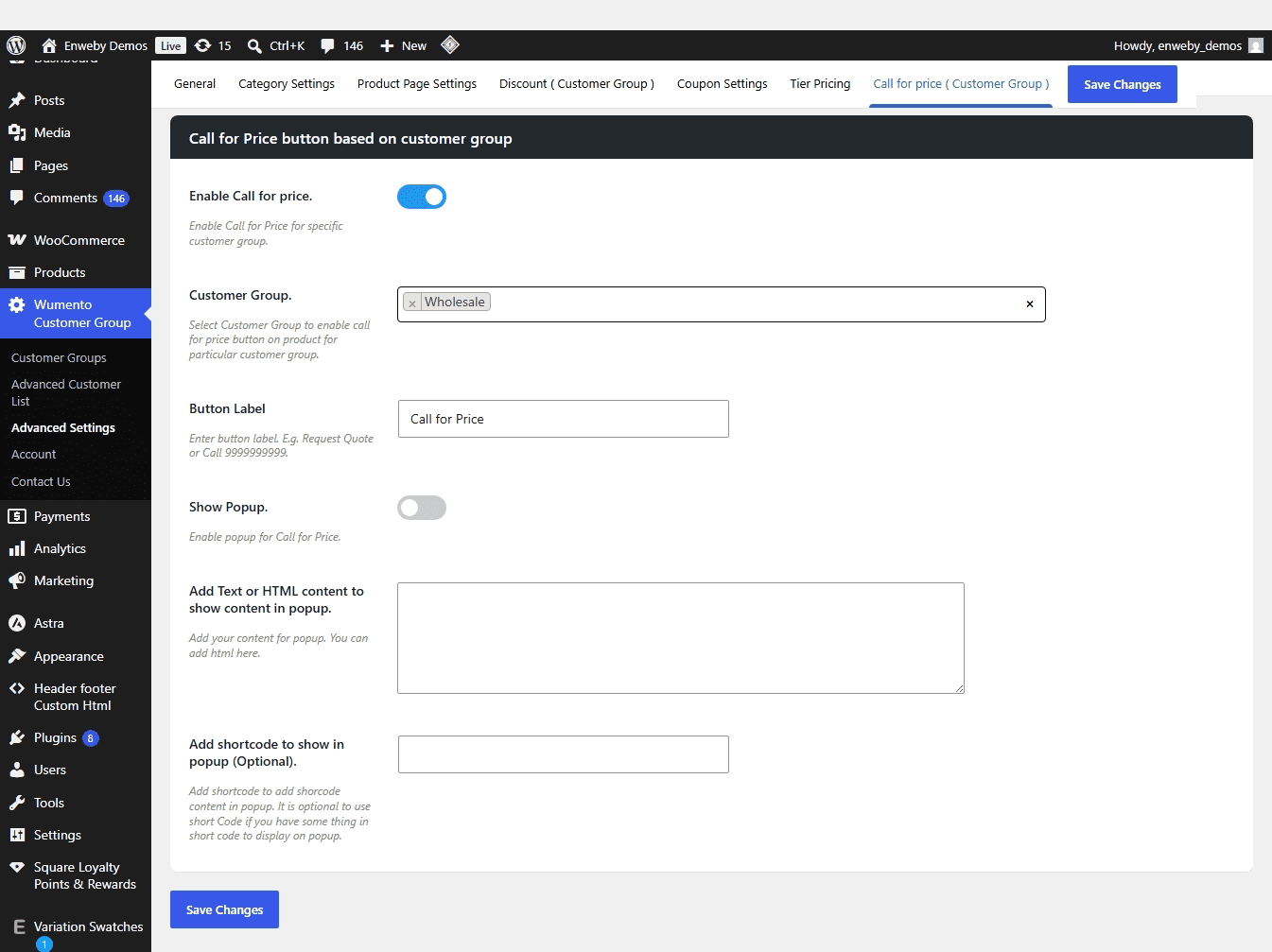 Call for Price admin settings