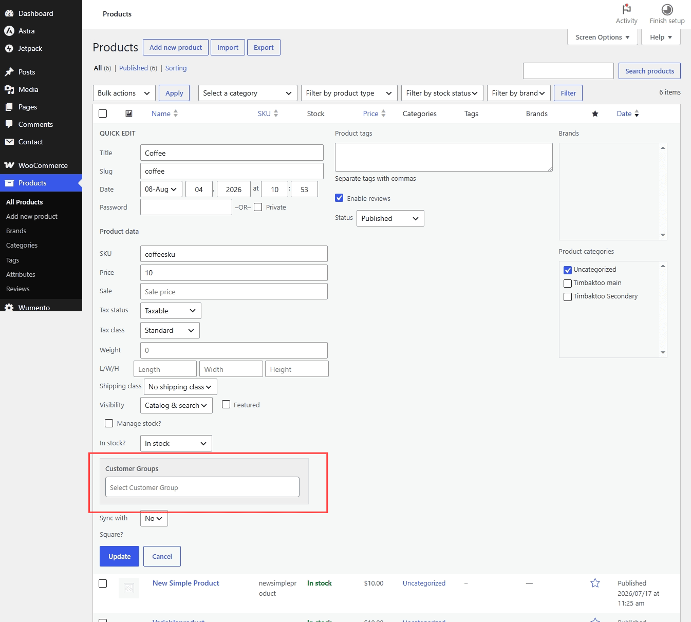Product quick edit Group Settings