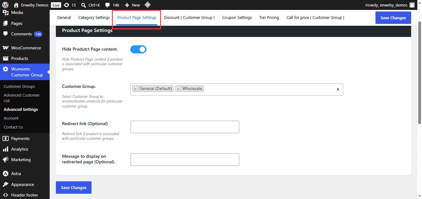 Product Settings customer group