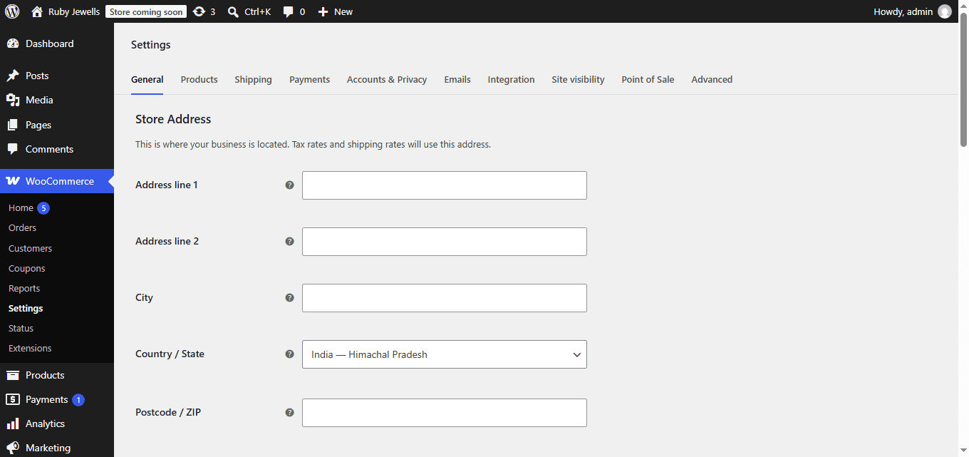 Address settings for Woocommerce store