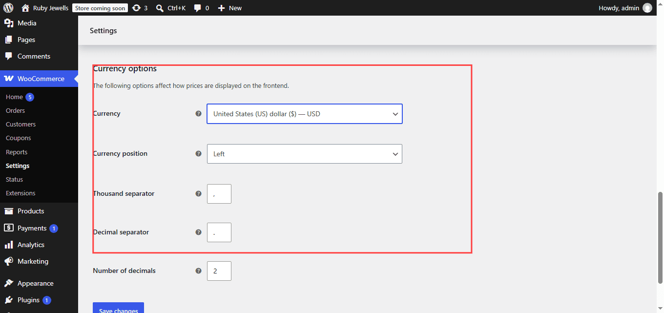 Currency settings of WooCommerce store.