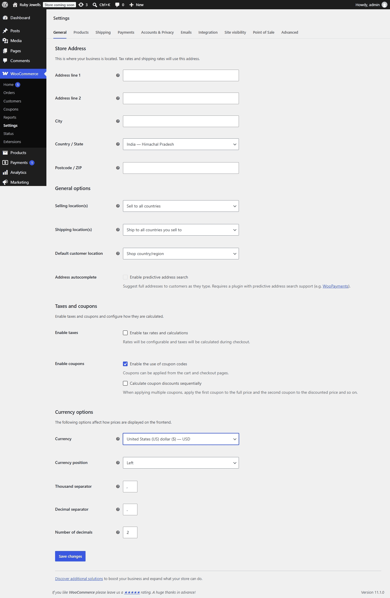 Store settings full page.